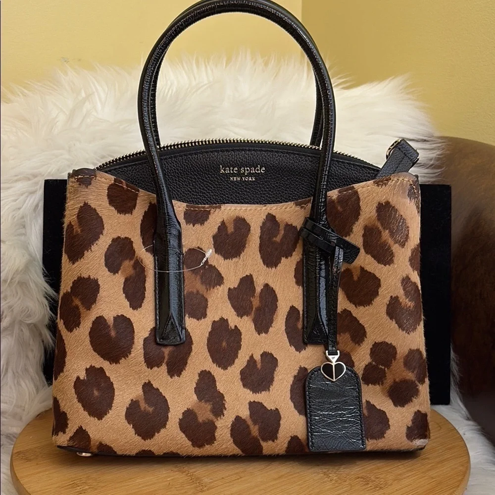 Kate Spade Margaux Medium Caviar Leather Leopard Calf Hair Crossbody Satchel Bag